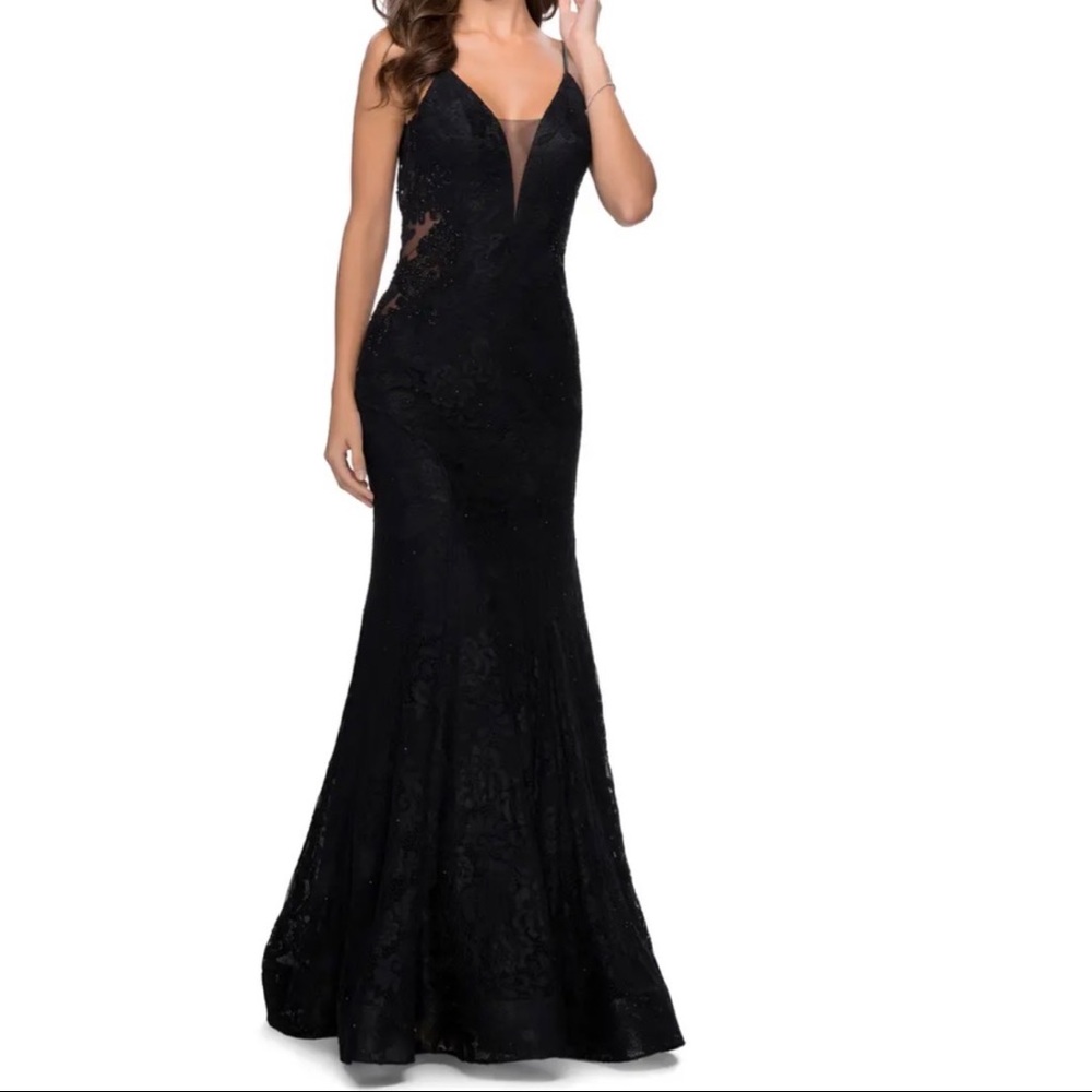 La Femme Sleeveless Lace Mermaid Gown